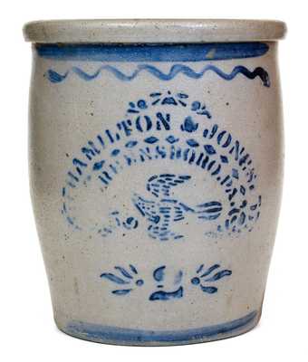 Two-Gallon HAMILTON & JONES / GREENSBORO, PA Stoneware Jar w/ Stenciled Bird Motif
