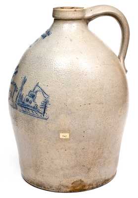 Outstanding C. HART & SON / SHERBURNE Stoneware Jug w/ Incised Deer and House