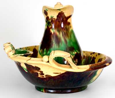 Rare Strasburg, VA Multi-Glazed Redware Pitcher and Bowl Set