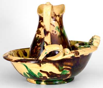 Rare Strasburg, VA Multi-Glazed Redware Pitcher and Bowl Set