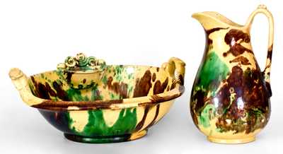 Rare Strasburg, VA Multi-Glazed Redware Pitcher and Bowl Set