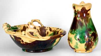 Rare Strasburg, VA Multi-Glazed Redware Pitcher and Bowl Set