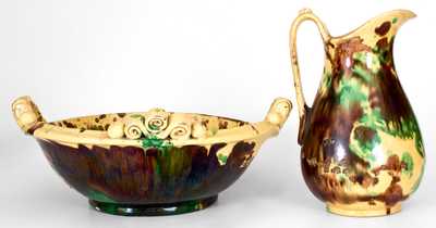 Rare Strasburg, VA Multi-Glazed Redware Pitcher and Bowl Set