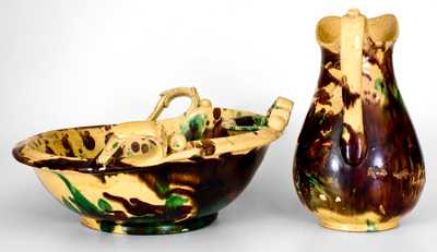 Rare Strasburg, VA Multi-Glazed Redware Pitcher and Bowl Set
