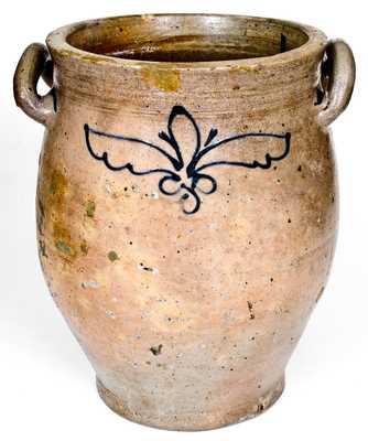 Unusual 4 Gal. Manhattan Stoneware Jar w/ Slip-Trailed Decoration, circa 1800