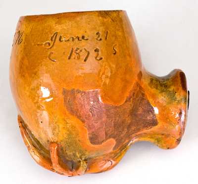 Rare Large-Sized Pennsylvania Redware Pipe Bowl, Dated June 21, 1872