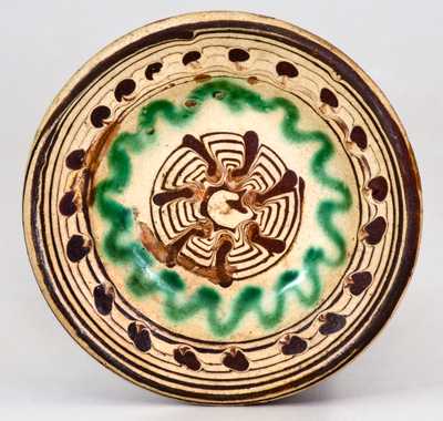 Rare and Important Miniature Slip-Decorated Redware Bowl, Henry Adam, Hagerstown, MD