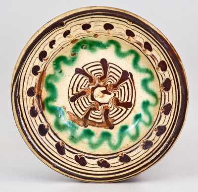 Rare and Important Miniature Slip-Decorated Redware Bowl, Henry Adam, Hagerstown, MD
