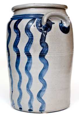 Outstanding 4 Gal. Greensboro, PA Stoneware Jar w/ Bold Vertical Striped Decoration