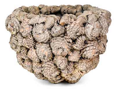 David Greenland Thompson, Morgantown, WV Stoneware Hanging Flowerpot w/ Molded Pine Cones