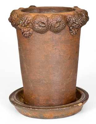 Very Rare Morgantown, WV Stoneware Flowerpot with Molded Nuts and Pine Cones