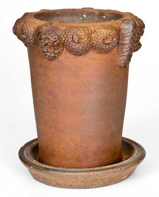 Very Rare Morgantown, WV Stoneware Flowerpot with Molded Nuts and Pine Cones