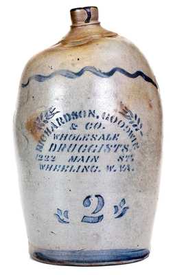 2 Gal. Western PA Stoneware Jug with WHEELING, W. VA Advertising