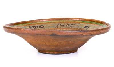 Rare 1805 Redware Bowl with German Inscription, possibly Singer Pottery, Haycock Twp, PA