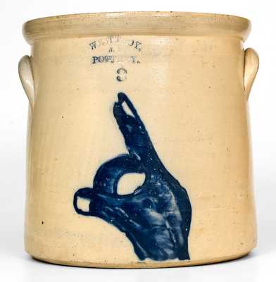 Very Rare WEST TROY / N.Y. / POTTERY Stoneware Crock w/ Cobalt Pointing Hand