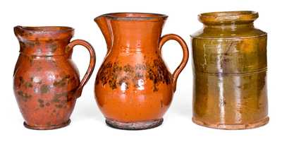 Three Pieces of Glazed Redware, American, 19th century