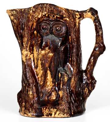 Unusual Rockingham Owl Pitcher Inscribed "The Owl Jug"