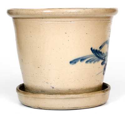 Scarce NEW YORK STONEWARE CO Stoneware Flowerpot w/ Cobalt Bird Decoration