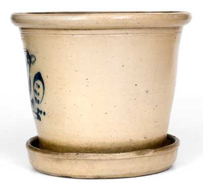 Scarce NEW YORK STONEWARE CO Stoneware Flowerpot w/ Cobalt Bird Decoration