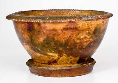 Unusual Multi-Glazed Redware Flowerpot with Flared Rim, Strasburg, VA, circa 1890