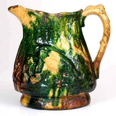 Very Rare Multi-Glazed Redware Hunt Scene Pitcher, S. Bell & Son, Strasburg, VA