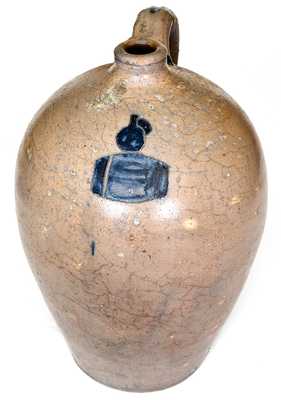 Outstanding Stoneware Jug w/ Incised Jug and Whiskey Barrel, probably Kentucky