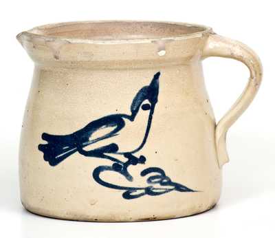 Unusual Fulper (Flemington, NJ) Stoneware Batter Pitcher w/ Cobalt Bird Decoration