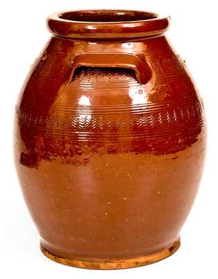 Unusual New England Redware Handled Jar w/ Incised Decoration