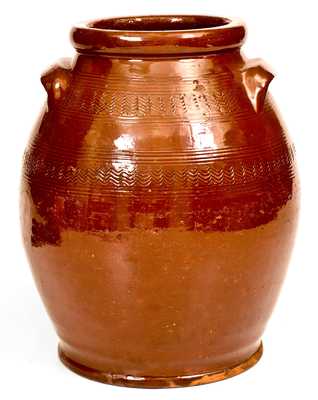 Unusual New England Redware Handled Jar w/ Incised Decoration