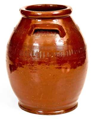 Unusual New England Redware Handled Jar w/ Incised Decoration