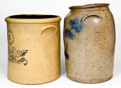 Lot of Two: 5 Gal. Ohio Stoneware Jars incl. Stenciled Eagle Decoration