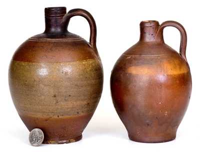 Lot of Two: Small-Sized Stoneware Jugs with Iron-Oxide Dip, Charlestown, MA origin