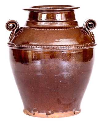 Unusual Redware Jar w/ Scrolled Handles Impressed 