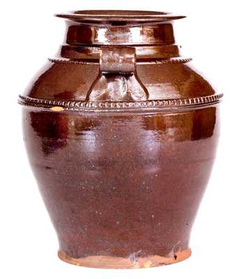Unusual Redware Jar w/ Scrolled Handles Impressed 