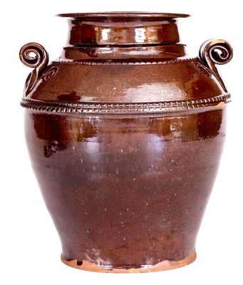 Unusual Redware Jar w/ Scrolled Handles Impressed 