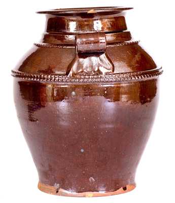 Unusual Redware Jar w/ Scrolled Handles Impressed "A B," possibly Absalom Bixler