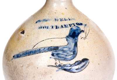 Very Rare J. WELLS / NORTHAMPTON Incised Bird Jug (T. CRAFTS / WHATELY, MA)