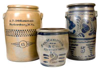 Lot of Three: A. P. DONAGHHO / Parkersburg, WV Stoneware Jar, Greensboro, PA Vessels