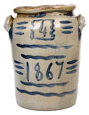 Scarce Four-Gallon 1867 Stoneware Jar w/ Elaborate Freehand Decoration, att. A.P. Donaghho, Fredericktown, PA