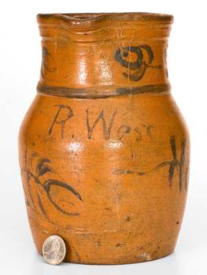 Rare Small-Sized Stoneware Pitcher by Rufus West at the Thompson Pottery, Morgantown, WV, c1875