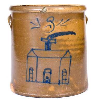 Very Rare Stoneware Crock w/ Cobalt Church Decoration, att. S.A. Colvin and Sons, Jane Lew, WV, circa 1880