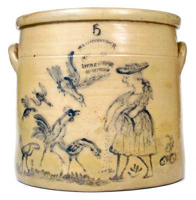 Outstanding Wm. MacQuoid / New York City Five-Gallon Crock w/ Elaborate Woman Feeding Chickens Scene