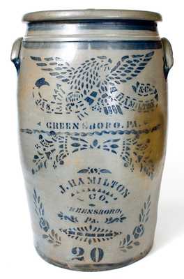 Exceptional 20 Gal. JAS. HAMILTON & CO. / GREENSBORO, PA Stoneware Eagle Crock