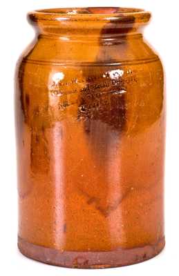 Very Rare Redware Jar w/ Utica, New York Advertising, circa 1840