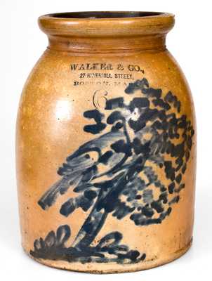 Boston, Mass. Stoneware Advertising Jar with Elaborate Bird and Tree Decoration