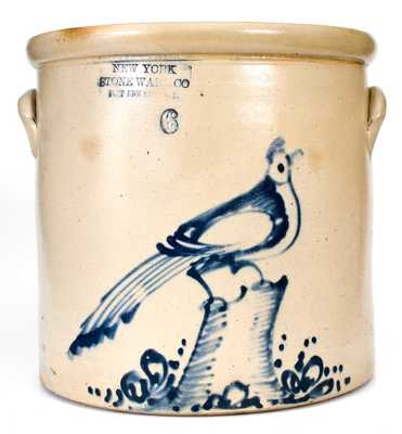 NEW YORK STONEWARE CO. / FORT EDWARD, NY Stoneware Crock w/ Bird-on-Stump Decoration