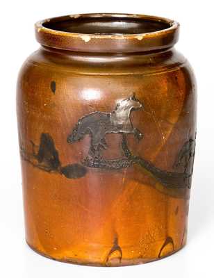 Unusual Albany Slip Stoneware Jar with Cobalt Horses Decoration