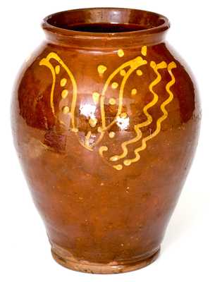 Rare and Fine Glazed PA Redware Jar with Elaborate Yellow-Slip Tulip Decoration