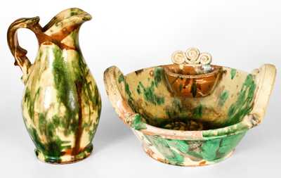 Shenandoah Valley Multi-Glazed Redware Pitcher and Bowl Set, attrib. J. Eberly & Co., Strasburg, VA, circa 1890