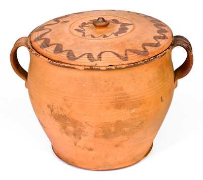 Very Rare Lidded Redware Jar with Manganese Decoration, Incised 